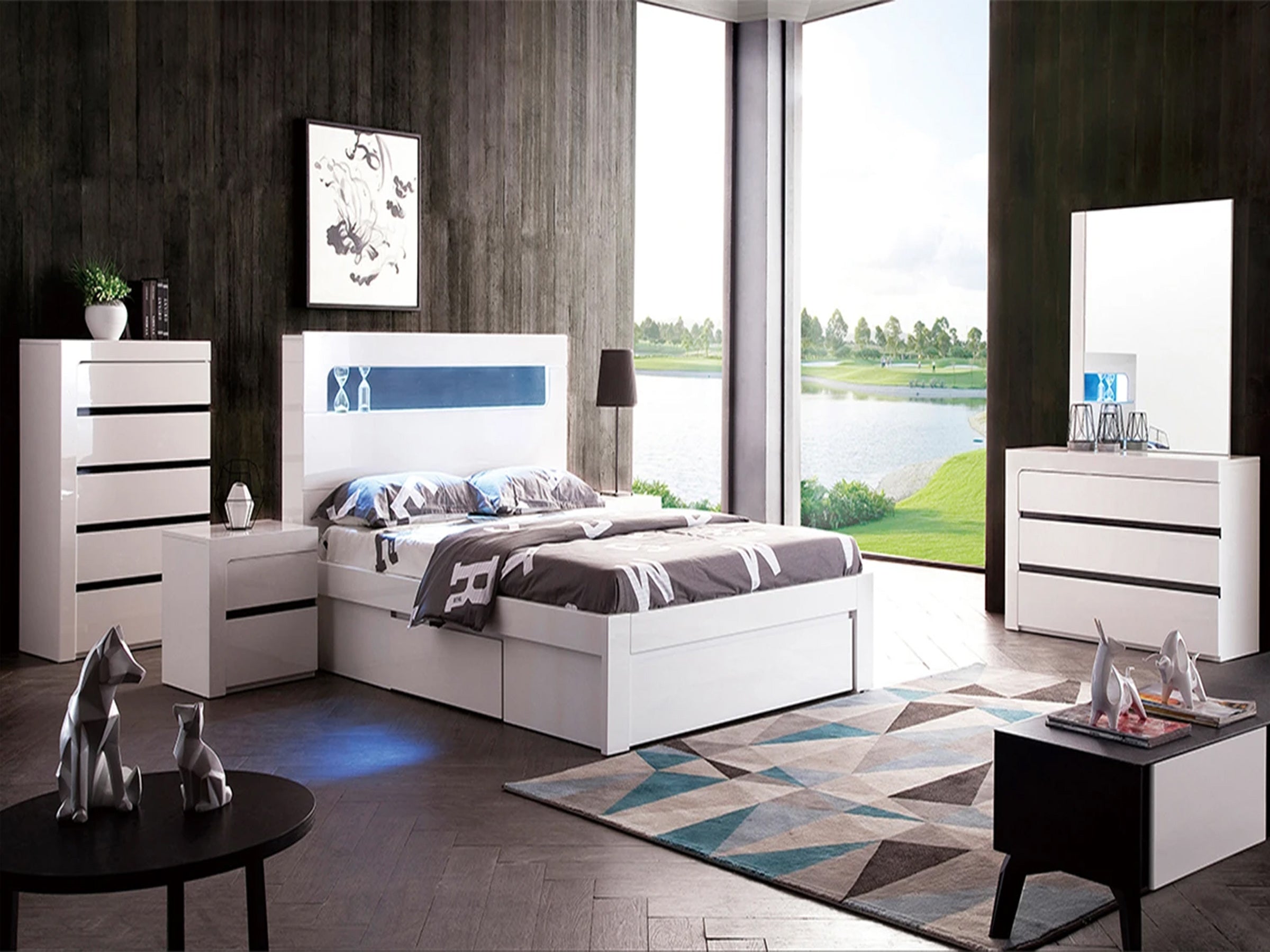 BEXLEY DOUBLE OR QUEEN 6 PIECE (THE LOT) BEDROOM SUITE WITH LED LIGHTS AND STORAGE OPTIONS  (LS 708 D/Q)-  GLOSS WHITE