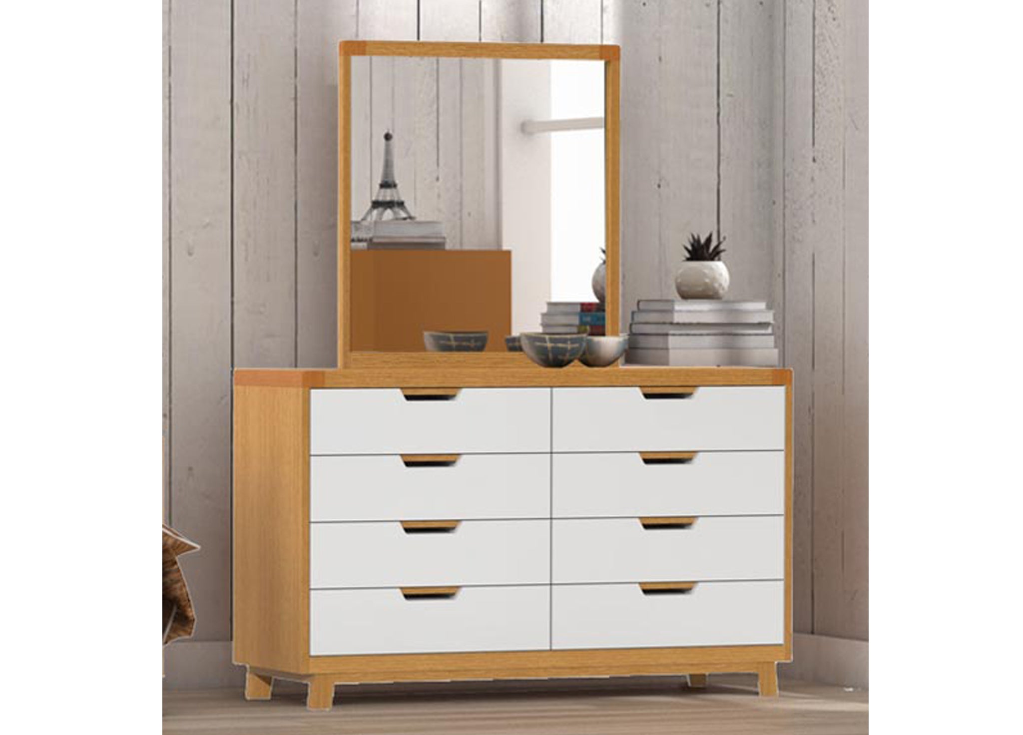AVALON (AUSSIE MADE) 6 DRAWER DRESSER TABLE WITH MIRROR - TASSIE OAK COMBINATION - 2 TONE - ASSORTED COLOURS