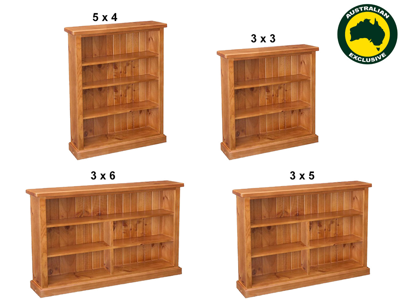 DOMED (AUSSIE MADE) LOWLINE BOOKCASE COLLECTION - ASSORTED STAINED COLOURS - STARTING FROM $449