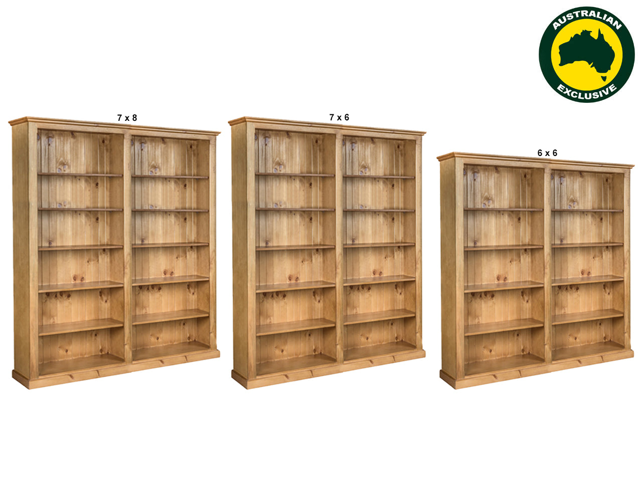 DOUBLEBAY (AUSSIE MADE) 70MM FACINGS BOOKCASE (3 SECTIONS) PIGEON PAIRED COLLECTION - ASSORTED STAINED COLOURS - STARTING FROM $1199