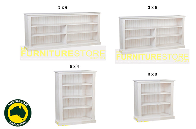 DRAGON (AUSSIE MADE) LOWLINE WITH 70mm FACINGS BOOKCASE COLLECTION - ASSORTED PAINTED COLOURS - STARTING FROM $599