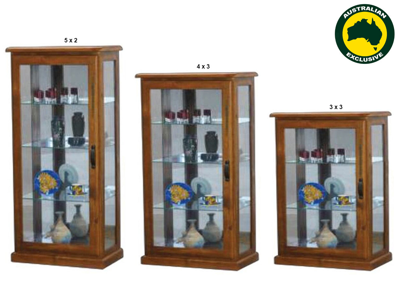 DROVER (AUSSIE MADE) LOWLINE GLASS DISPLAY CABINET WITH MIRRORED BACK COLLECTION - ASSORTED STAINED COLOURS - STARTING FROM $1199