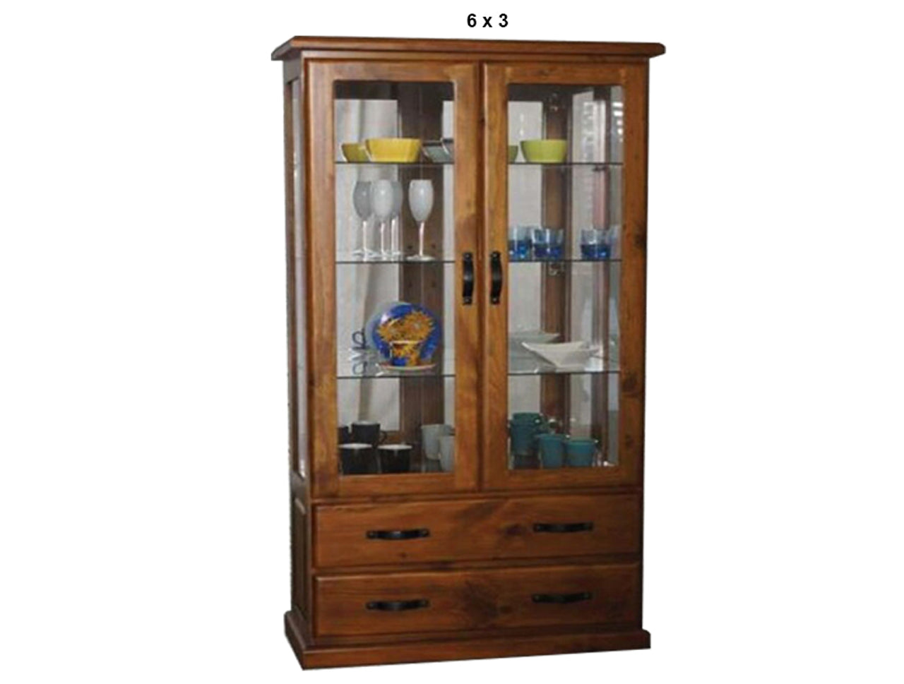 DROVER (AUSSIE MADE) 2 DOOR / 2 DRAWER HIGHLINE GLASS DISPLAY CABINET WITH MIRRORED BACK COLLECTION - ASSORTED STAINED COLOURS - STARTING FROM $1599