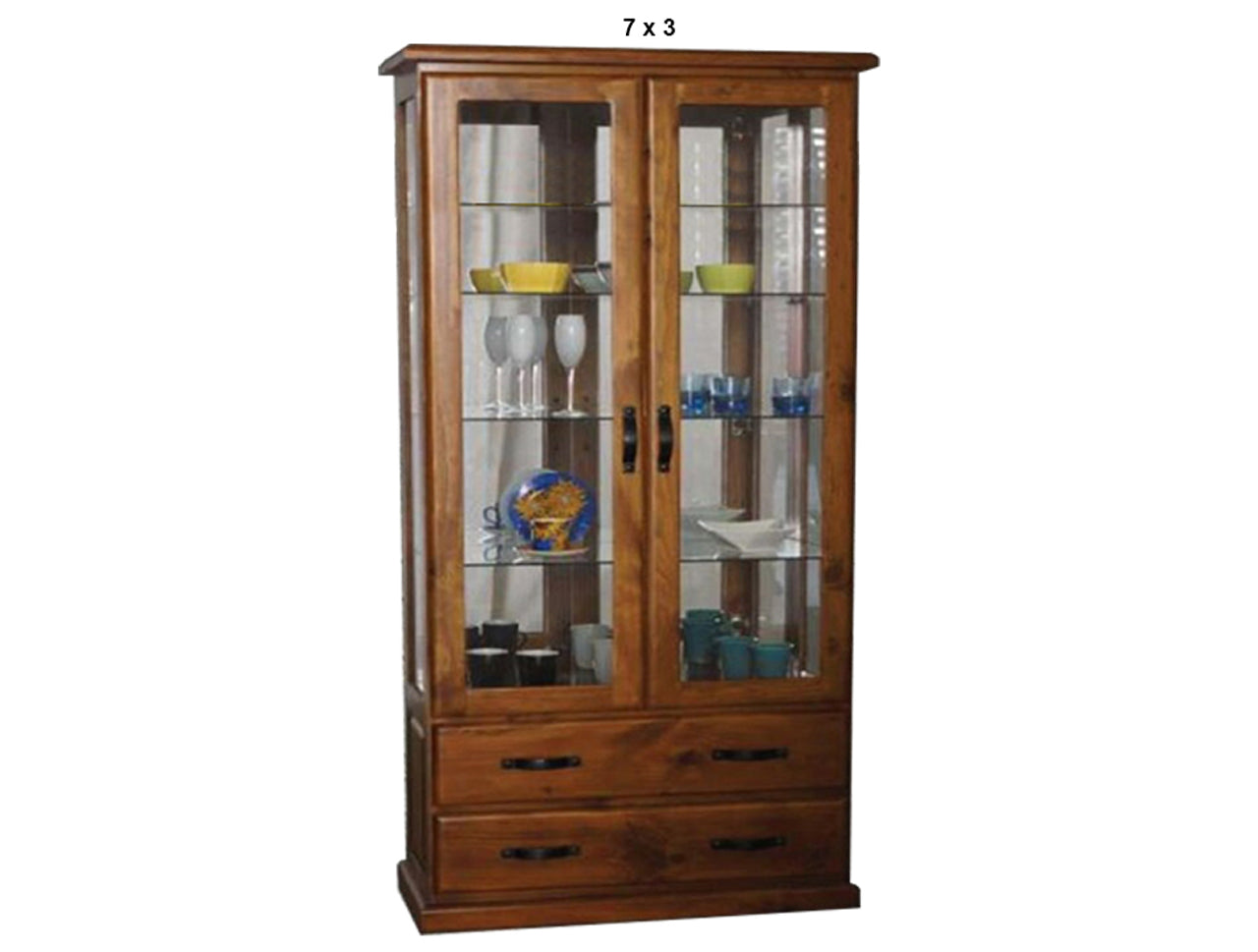 DROVER (AUSSIE MADE) 2 DOOR / 2 DRAWER HIGHLINE GLASS DISPLAY CABINET WITH MIRRORED BACK COLLECTION - ASSORTED STAINED COLOURS - STARTING FROM $1599