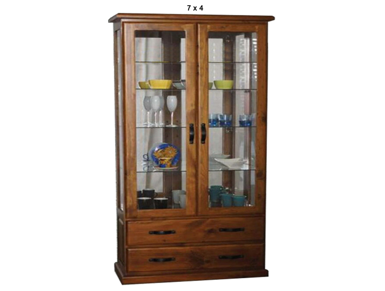 DROVER (AUSSIE MADE) 2 DOOR / 2 DRAWER HIGHLINE GLASS DISPLAY CABINET WITH MIRRORED BACK COLLECTION - ASSORTED STAINED COLOURS - STARTING FROM $1599