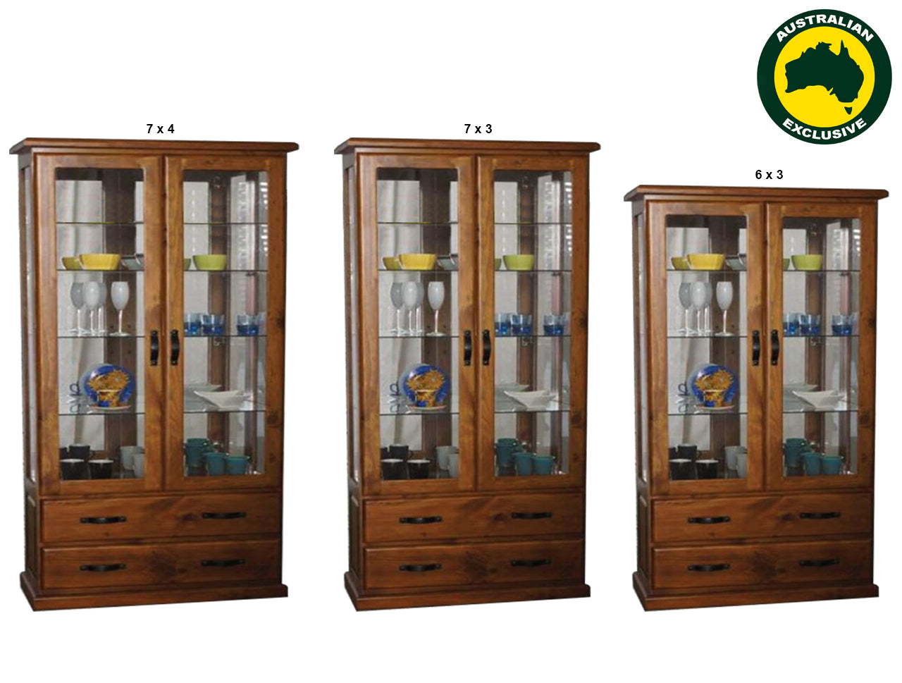 DROVER (AUSSIE MADE) 2 DOOR / 2 DRAWER HIGHLINE GLASS DISPLAY CABINET WITH MIRRORED BACK COLLECTION - ASSORTED STAINED COLOURS - STARTING FROM $1599