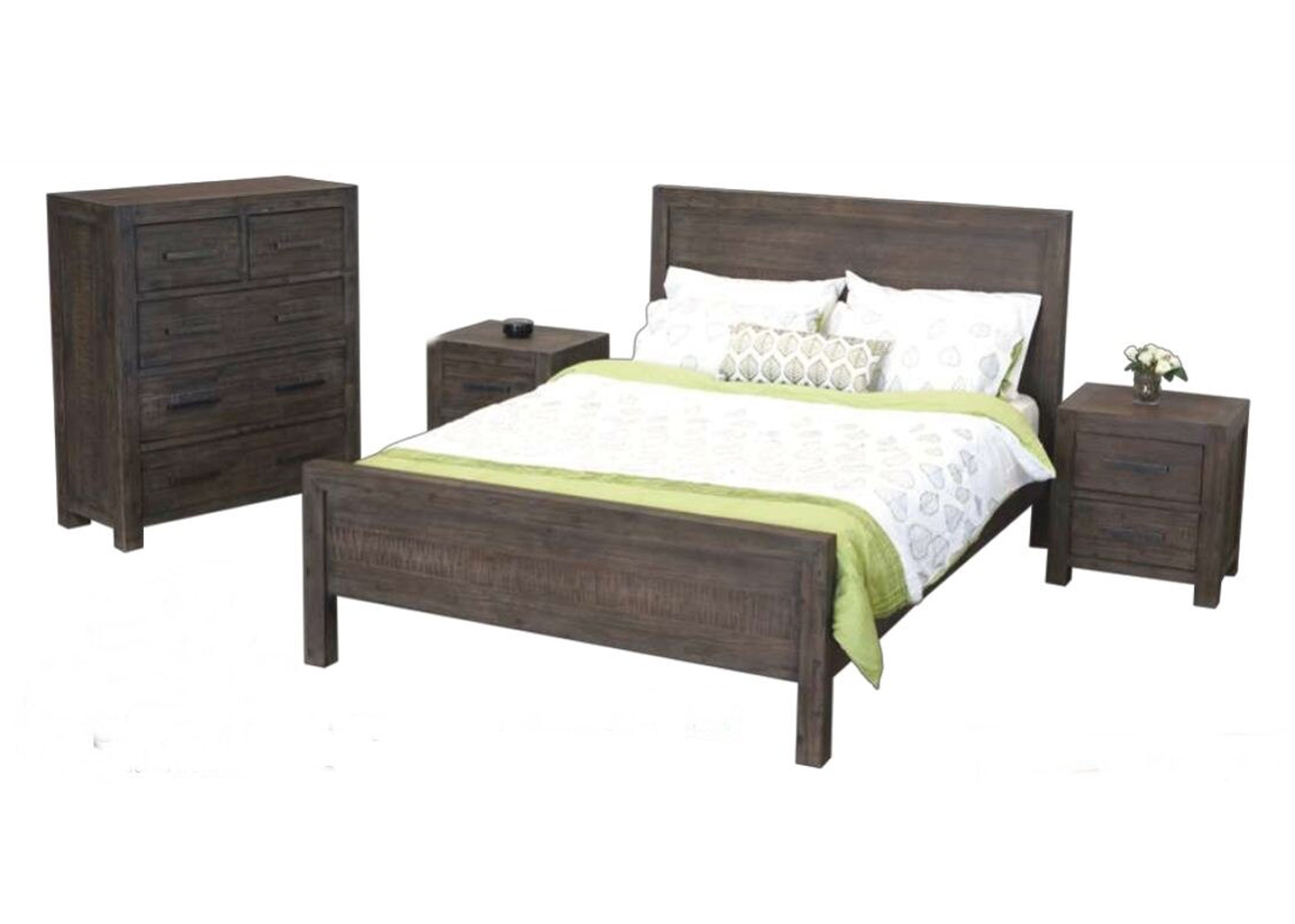 EDISON QUEEN 4 PIECE  TALLBOY BEDROOM SUITE- BRUSHED BROWN