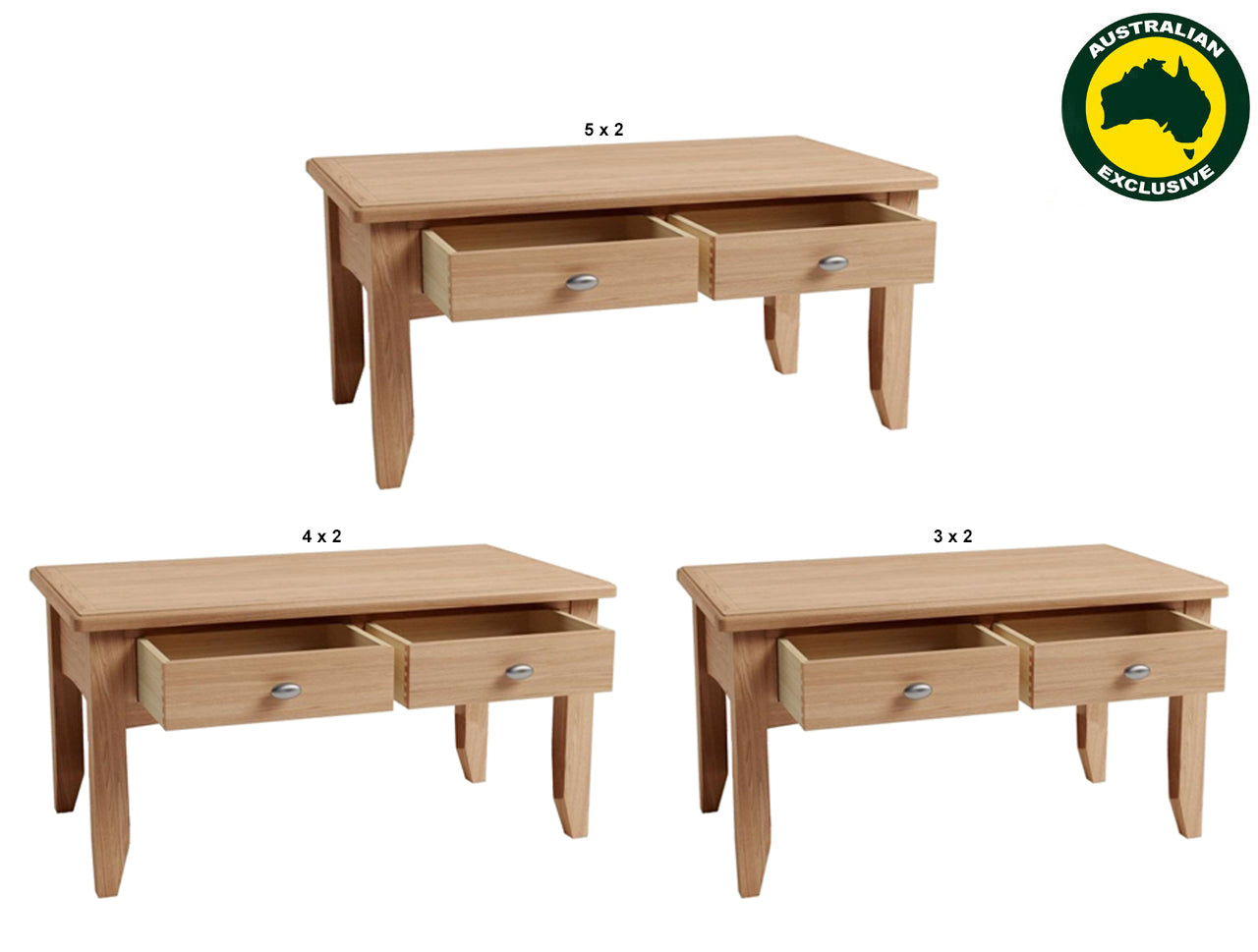 ELEGANCE (AUSSIE MADE) 2 DRAWER COFFEE TABLE WITH MAGAZINE RACK COLLECTION - TASSIE OAK COMBINATION - ASSORTED STAINED COLOURS - STARTING FROM $899