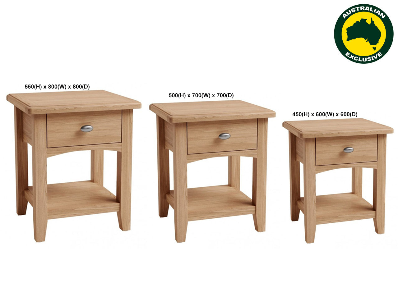 ELEGANCE (AUSSIE MADE) 1 DRAWER LAMP TABLE (NO PARQUETRY) COLLECTION - TASSIE OAK COMBINATION - ASSORTED STAINED COLOURS - STARTING FROM $499