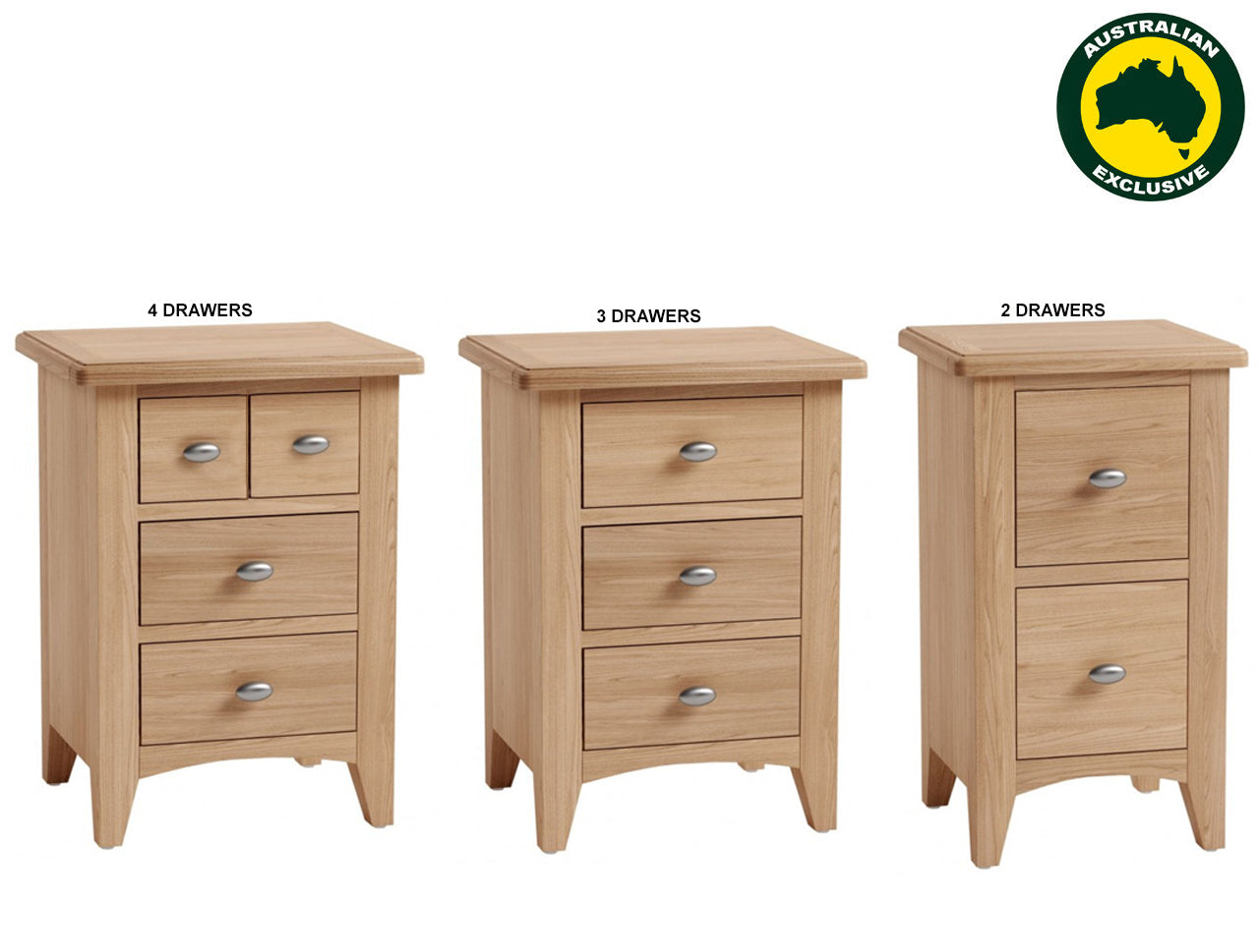 ELEGANCE (AUSSIE MADE) BEDSIDE TABLE COLLECTION - TASSIE OAK COMBINATION - ASSORTED STAINED COLOURS - STARTING FROM $599