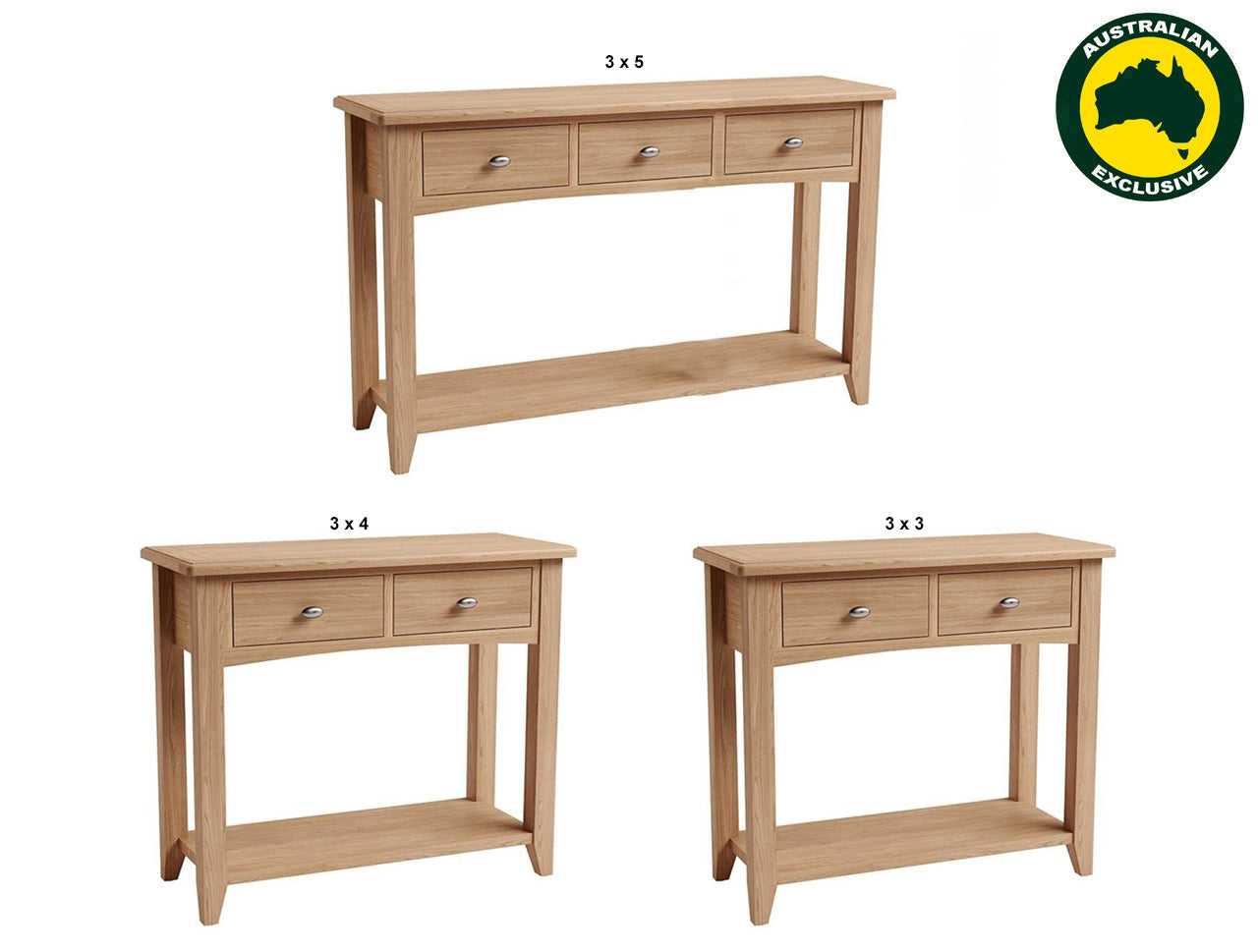 ELEGANCE (AUSSIE MADE) CONSOLE / HALL TABLE WITH MAGAZINE RACK COLLECTION - TASSIE OAK COMBINATION - ASSORTED STAINED COLOURS - STARTING FROM $699