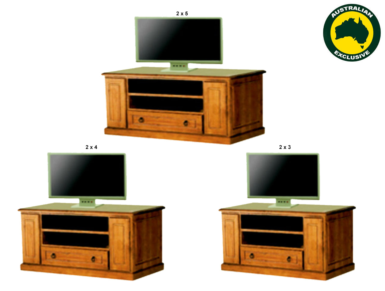 ELTHAM (AUSSIE MADE) LOWLINE TV UNIT WITH 2 DVD/CD PULLOUTS & 1 DRAWER COLLECTION - ASSORTED STAINED COLOURS - STARTING FROM $999