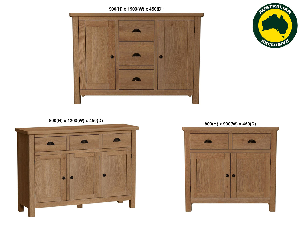 EMINENCE (AUSSIE MADE) OAK SIDEBOARD BUFFET COLLECTION - TASSIE OAK COMBINATION - ASSORTED STAINED COLOURS - STARTING FROM $999