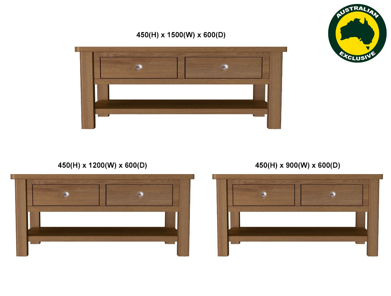 EMINENCE (AUSSIE MADE) 2 DRAWER OAK COFFEE TABLE COLLECTION - TASSIE OAK / TASSIE OAK COMBINATION - ASSORTED STAINED COLOURS - STARTING FROM $799