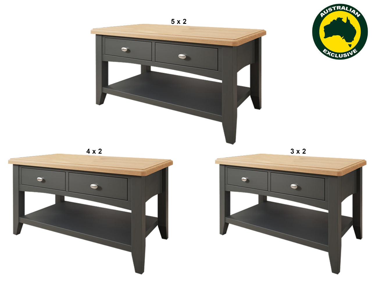 EMMETT (AUSSIE MADE) 2 DRAWER COFFEE TABLE COLLECTION - TASSIE OAK COMBINATION - ASSORTED PAINTED / STAINED COLOURS - STARTING FROM $799