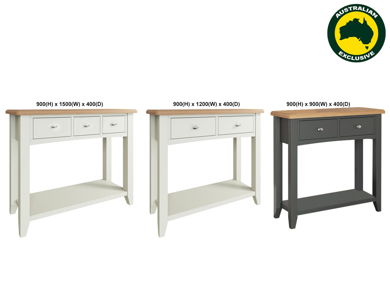 EMMETT (AUSSIE MADE) CONSOLE TABLE WITH MAGAZINE RACK COLLECTION - ASSORTED PAINTED / STAINED COLOURS - STARTING FROM $799