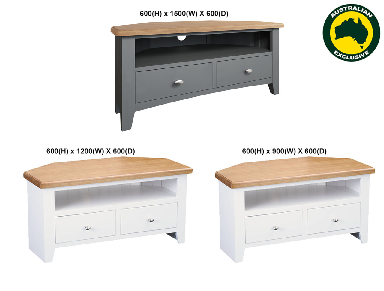 EMMETT (AUSSIE MADE) TV CORNER UNIT WITH 2 DRAWERS COLLECTION - ASSORTED PAINTED COLOURS - STARTING FROM $899
