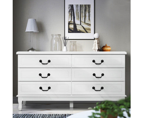 ALEXIS 6 DRAWER DRESSING TABLE / LOWBOY - 650(H) x 1200(W) x 365(D) - WHITE