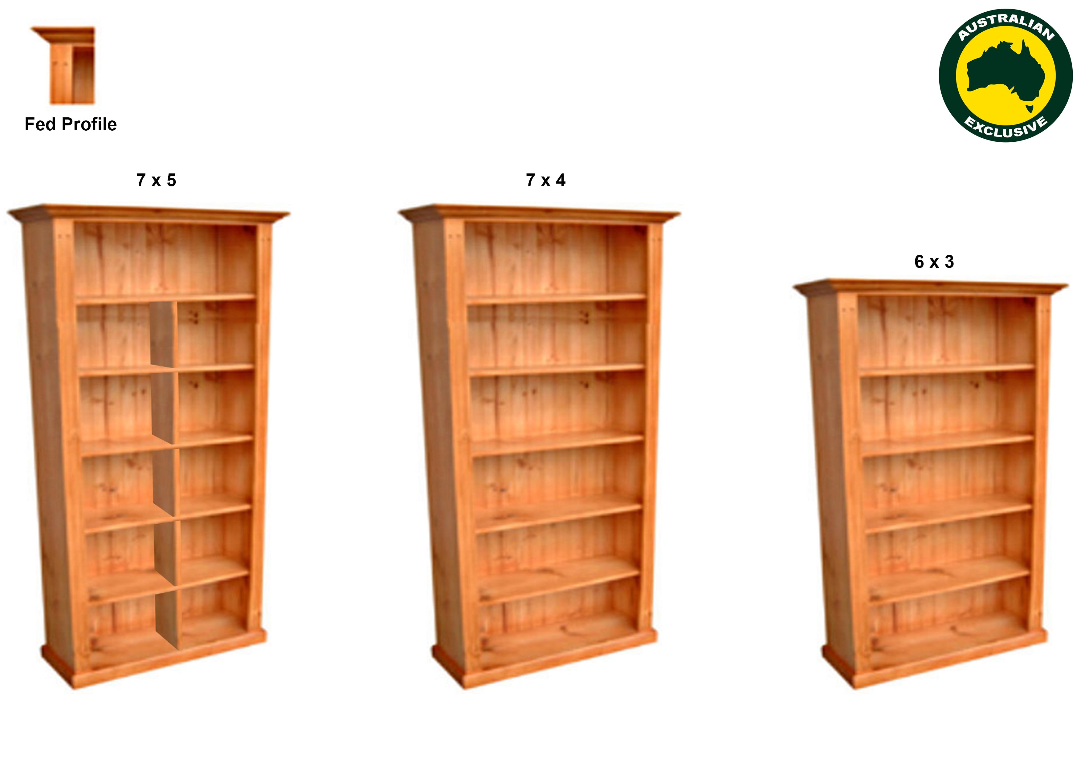 FEDERATION DELUXE (AUSSIE MADE) HIGHLINE BOOKCASE WITH TWIN GROOVED 70MM FACINGS COLLECTION - ASSORTED STAINED COLOURS - STARTING FROM $799