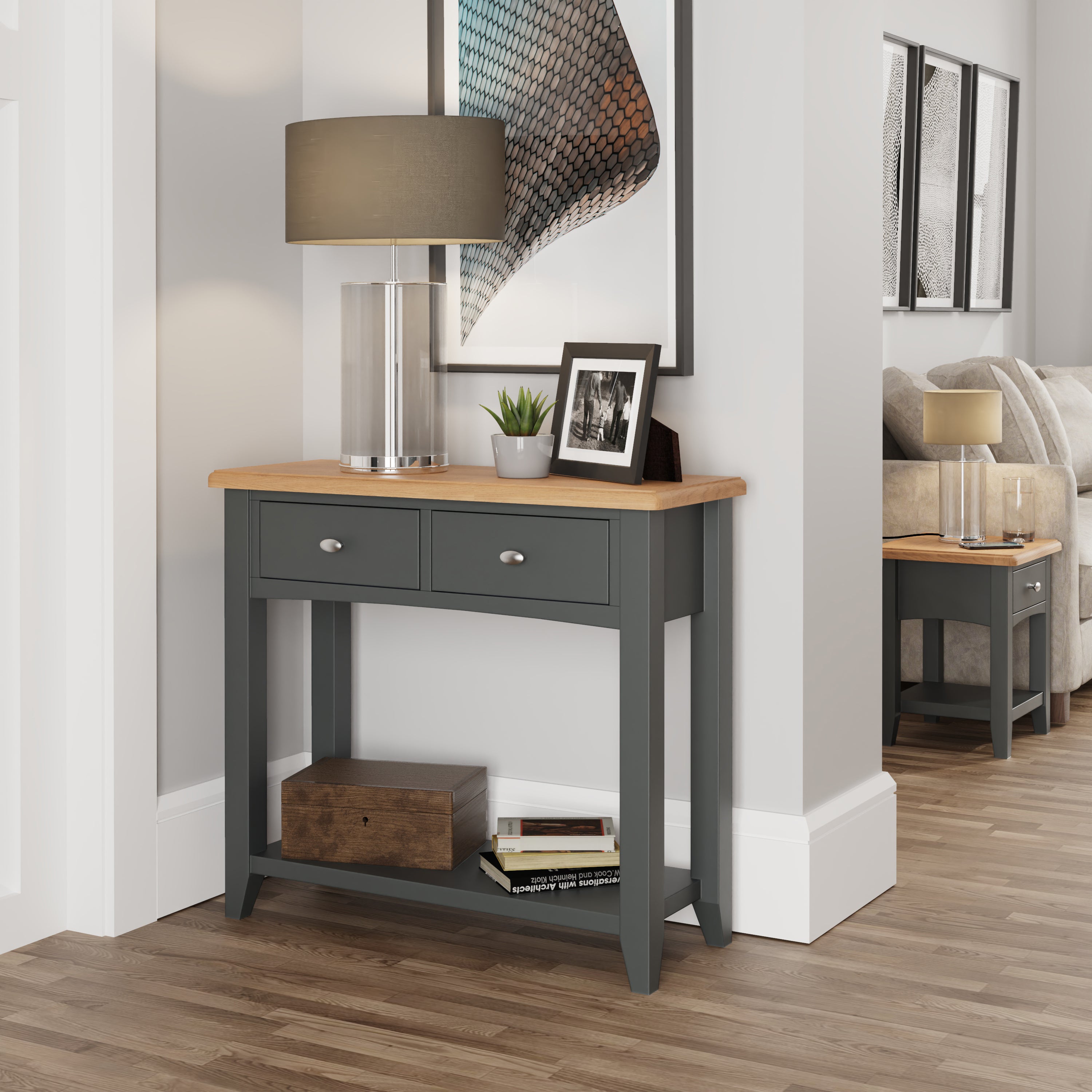 EMMETT CONSOLE TABLE WITH 2 DRAWERS - 750(H) x 850(W) x 320(D) - SIGNATURE GREY / LIGHT OAK (2 TONE) - 1 ONLY ONLINE SPECIAL - READY TO GO