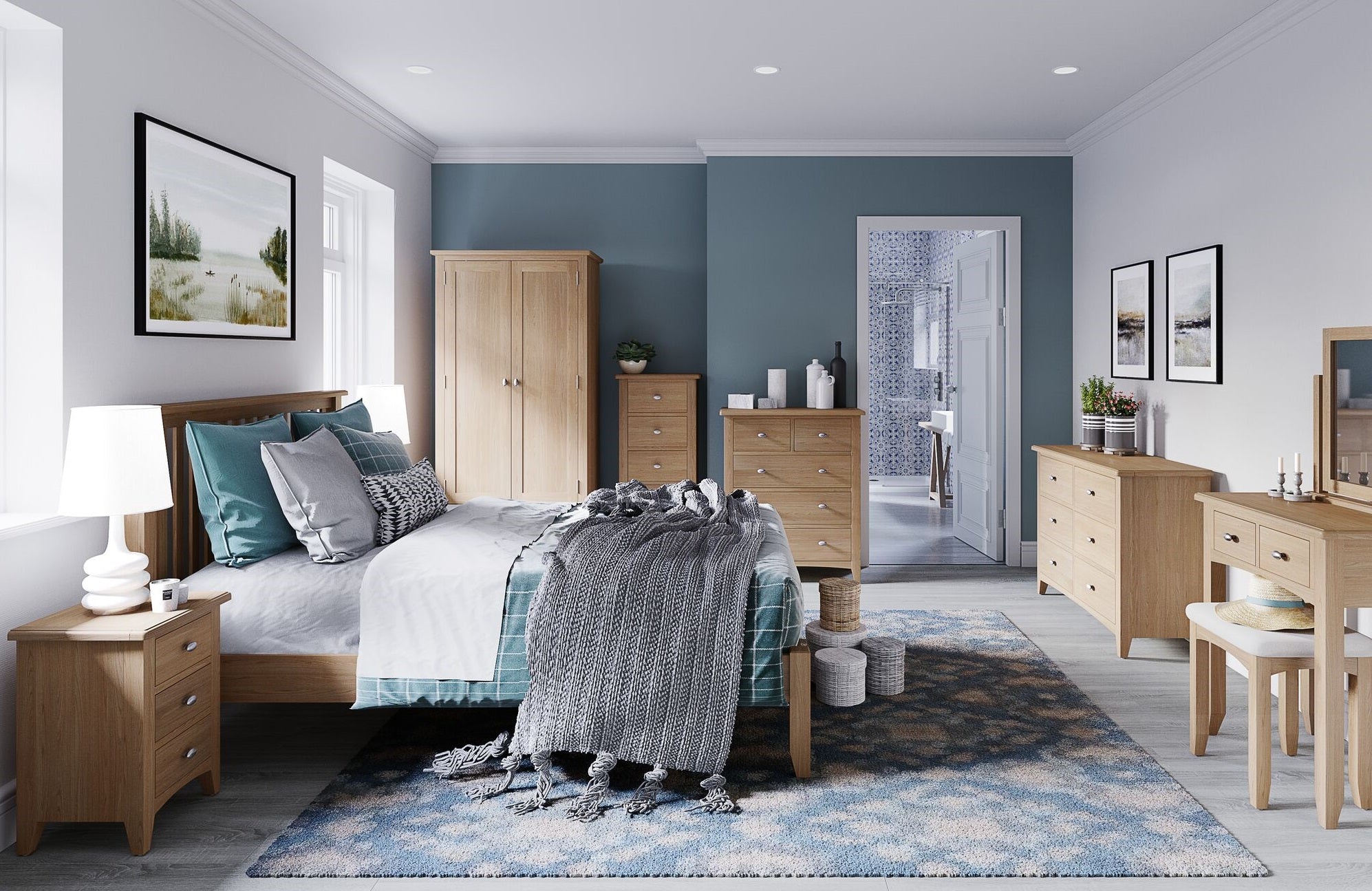 DOUBLE OR QUEEN ELEGANCE 4 PIECE TALLBOY OAK BEDROOM SUITE - (7-1-15) - LIGHT OAK