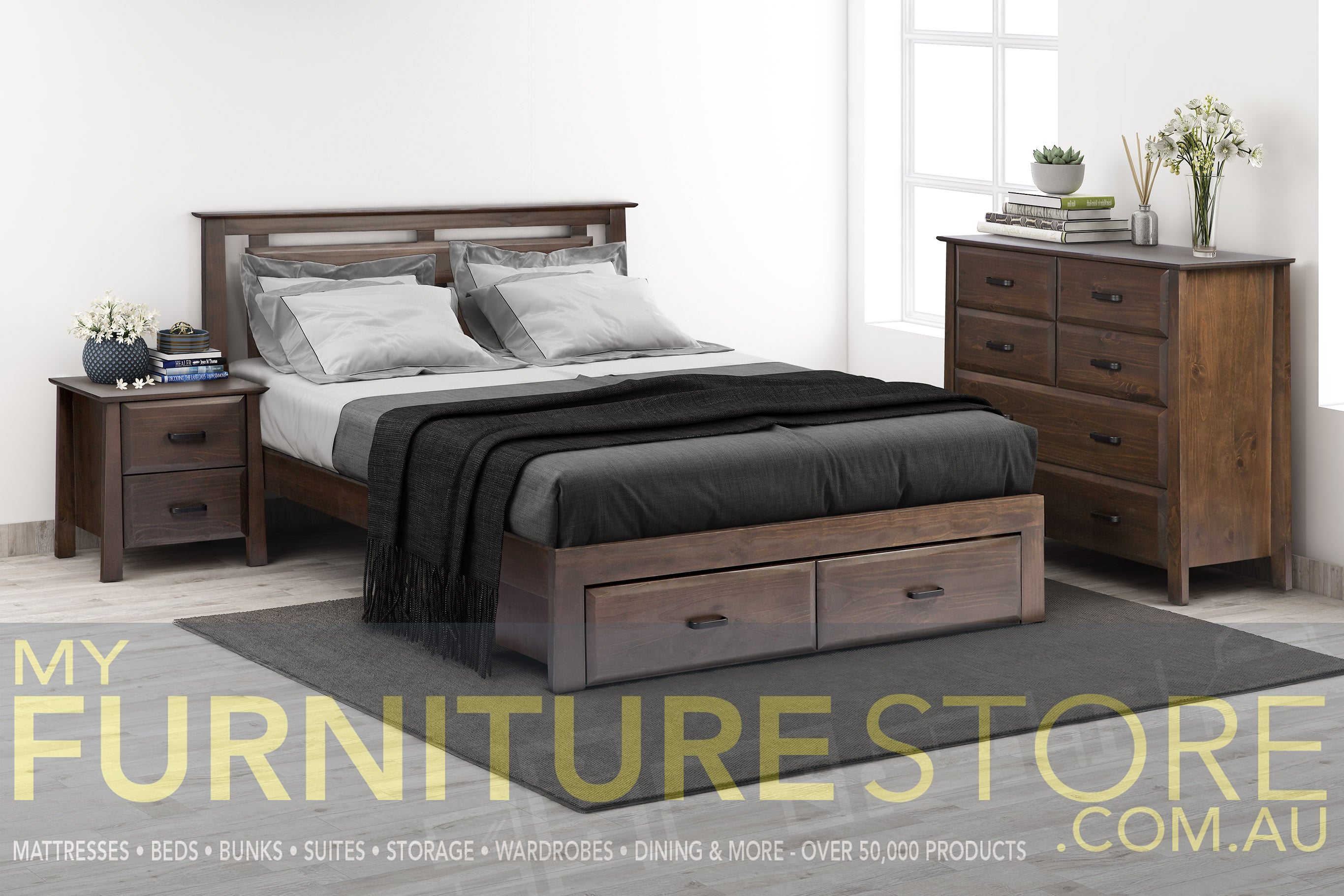 FINLEY DOUBLE OR QUEEN 3 PIECE (BEDSIDE) BEDROOM SUITE WITH UNDER BED STORAGE (OR-76-2) - CUPPACINO