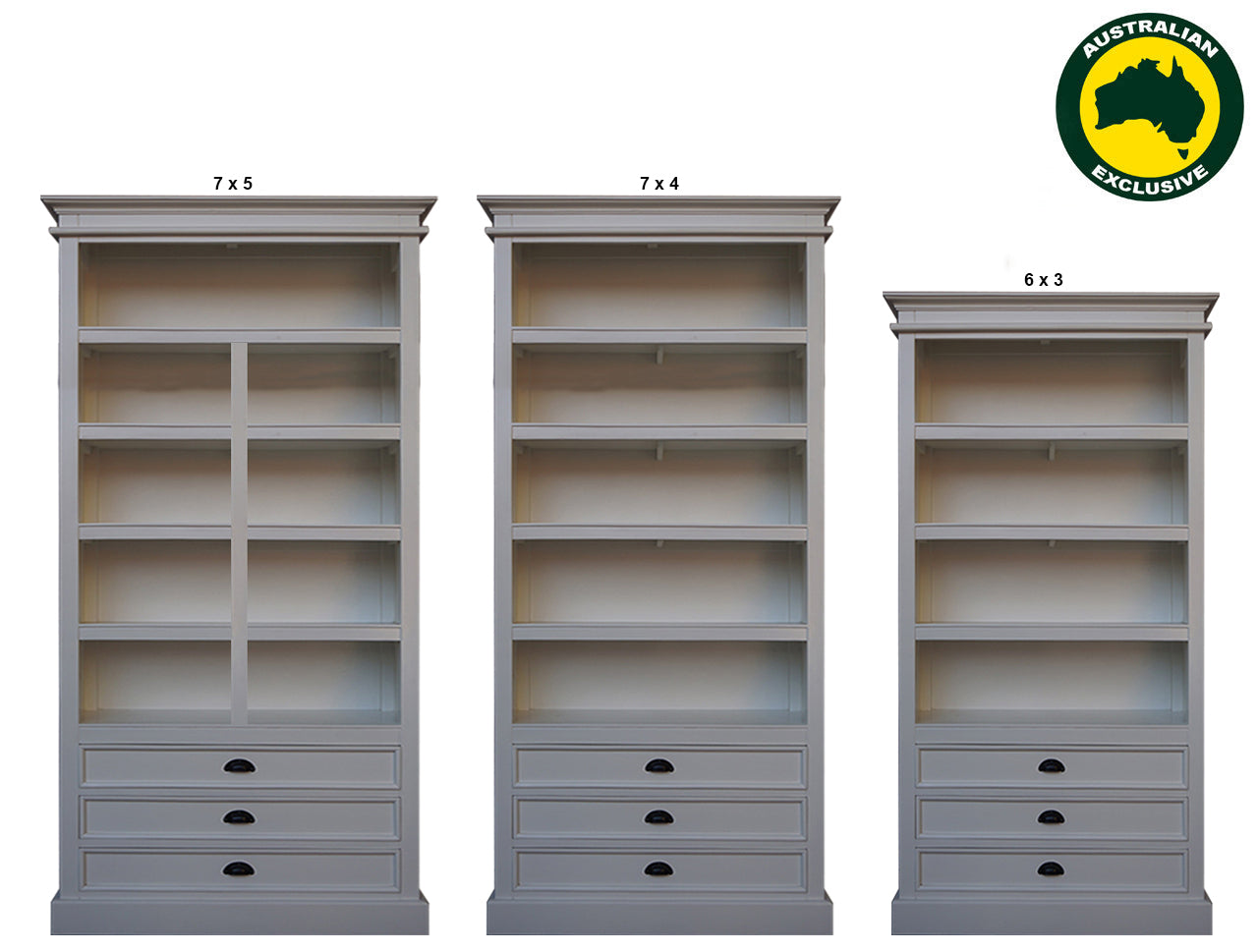 HAMPTON HARDWOOD BOOKCASE  WITH 3 DRAWERS COLLECTION - ASSORTED STAINED / PAINTED COLOURS - STARTING FROM $1199
