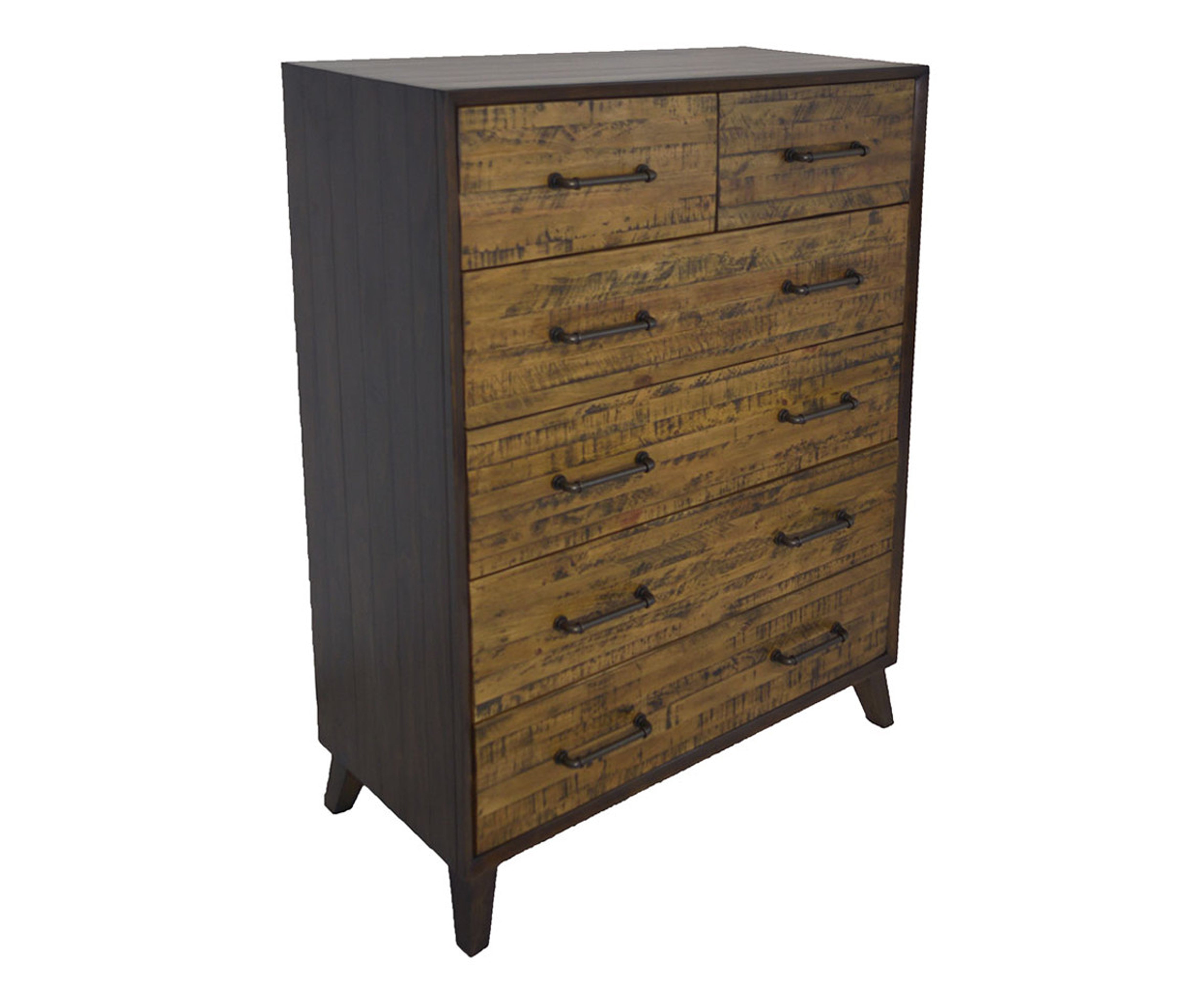 HASTINGS  6 DRAWERS RECYCLED TIMBER TALLBOY CHEST -  DARK / AGED ROUGH SEWN
