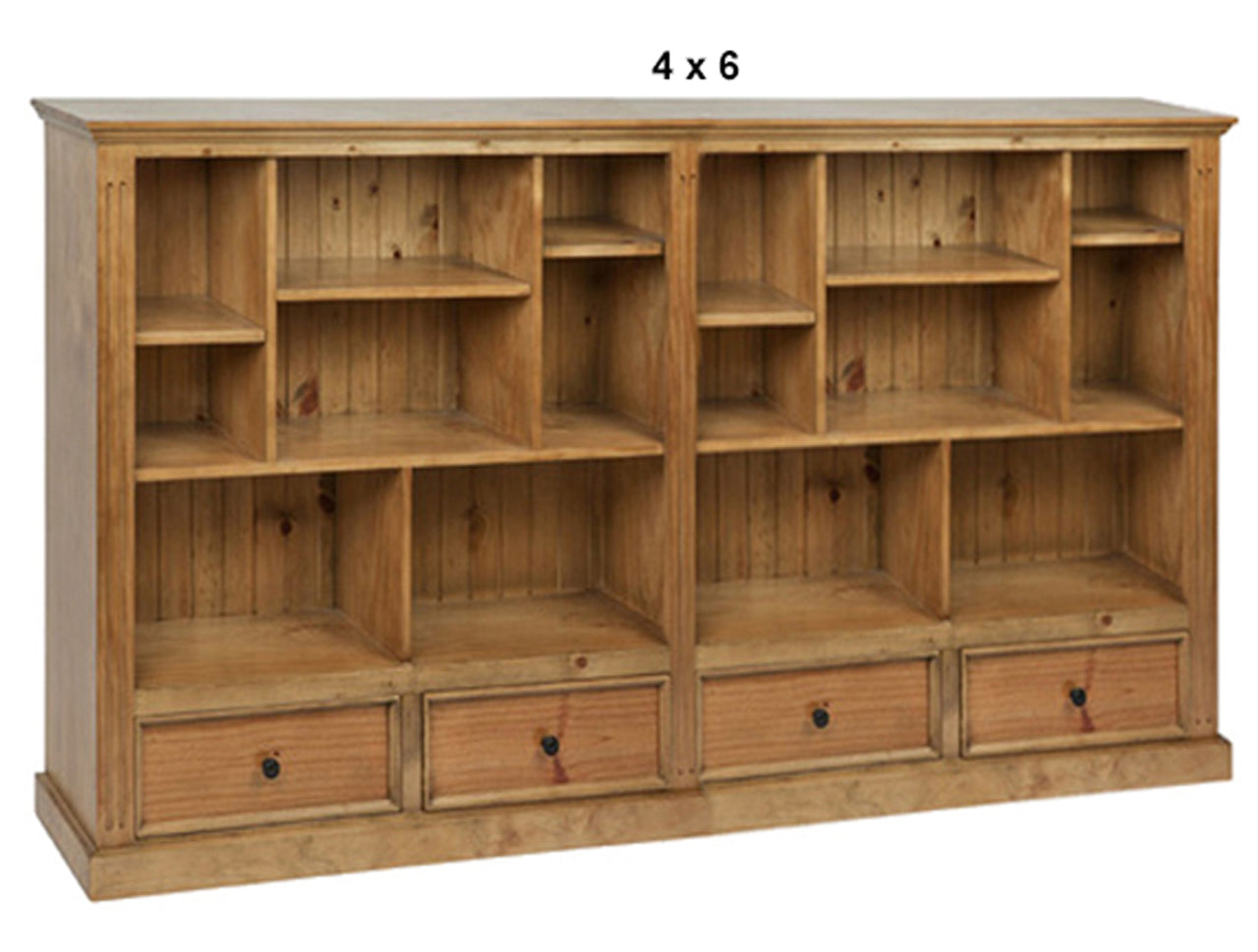 HERALDY (AUSSIE MADE) LOWLINE WITH 4 DRAWERS PICTURED FRAMED (3 SECTION) PIGEON PAIRED BOOKCASE COLLECTION - ASSORTED STAINED COLOURS - STARTING FROM $1499
