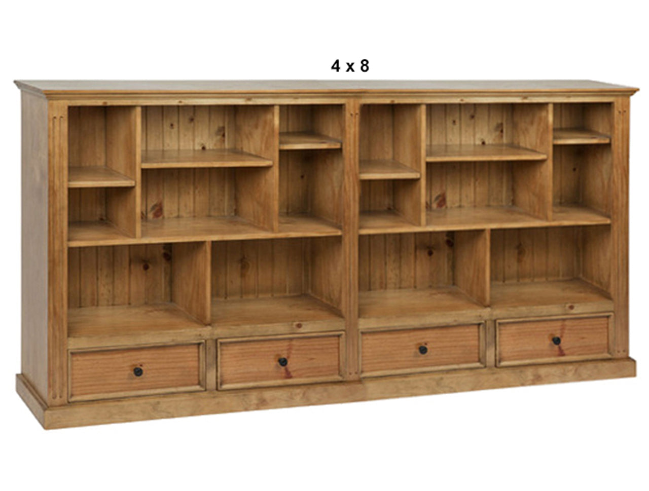 HERALDY (AUSSIE MADE) LOWLINE WITH 4 DRAWERS PICTURED FRAMED (3 SECTION) PIGEON PAIRED BOOKCASE COLLECTION - ASSORTED STAINED COLOURS - STARTING FROM $1499