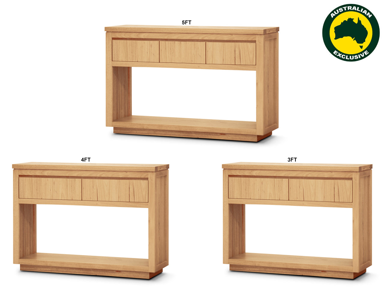 HIGHLAND (AUSSIE MADE) HALL TABLE WITH FLOATING BASE COLLECTION - TASSIE OAK COMBINATION - ASSORTED STAINED COLOURS - STARTING FROM $999