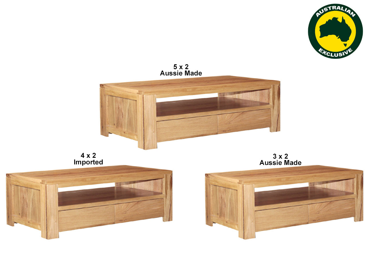 HUNTER (AUSSIE MADE/IMPORTED) COFFEE TABLE COLLECTION - TASSIE OAK COMBINATION - MARRI (IMPORTED) ASSORTED COLOURS (AUSSIE MADE) - STARTING FROM $999