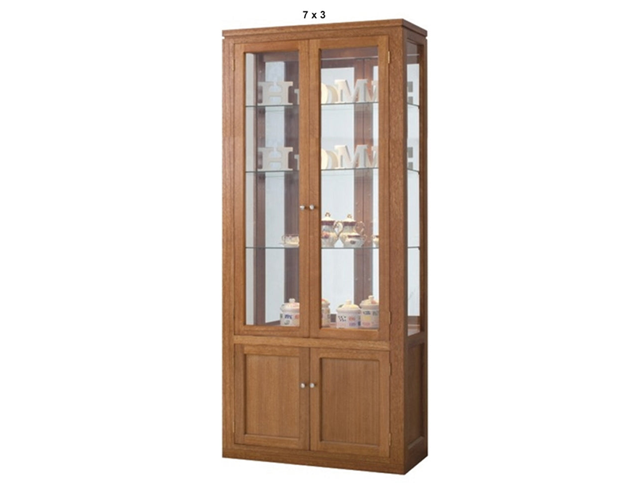 JOE (AUSSIE MADE) CHINA DISPLAY UNIT WITH GROOVE TOP WITH 4 DOORS / 2 GLASS SHELVES + MIRRORED BACK (HALF GLASS) COLLECTION - TASSIE OAK COMBINATION - ASSORTED STAINED / MARBLE COLOURS - STARTING FROM $1899
