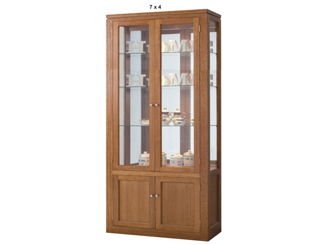 JOE (AUSSIE MADE) CHINA DISPLAY UNIT WITH GROOVE TOP WITH 4 DOORS / 2 GLASS SHELVES + MIRRORED BACK (HALF GLASS) COLLECTION - TASSIE OAK COMBINATION - ASSORTED STAINED / MARBLE COLOURS - STARTING FROM $1899