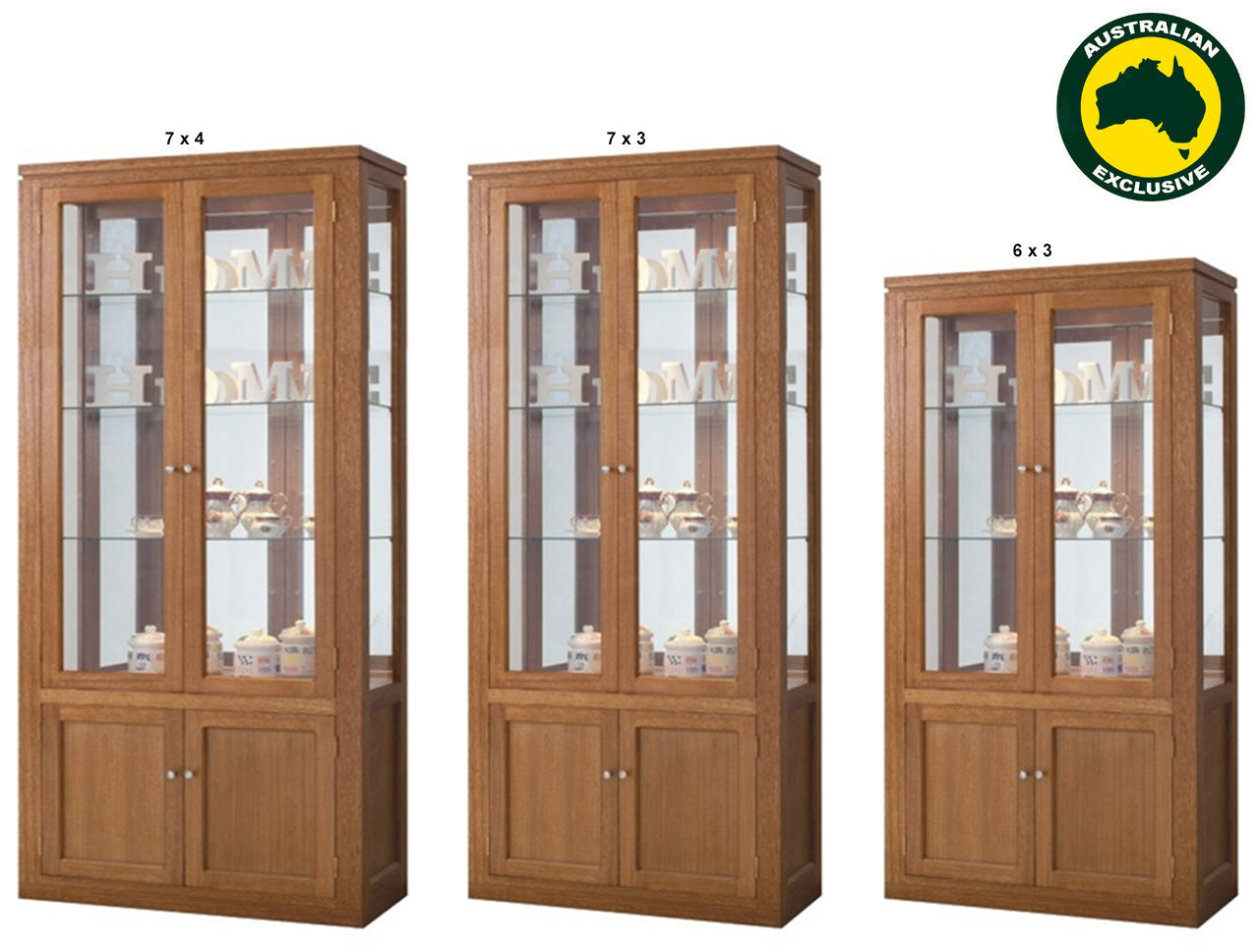 JOE (AUSSIE MADE) CHINA DISPLAY UNIT WITH GROOVE TOP WITH 4 DOORS / 2 GLASS SHELVES + MIRRORED BACK (HALF GLASS) COLLECTION - TASSIE OAK COMBINATION - ASSORTED STAINED / MARBLE COLOURS - STARTING FROM $1899