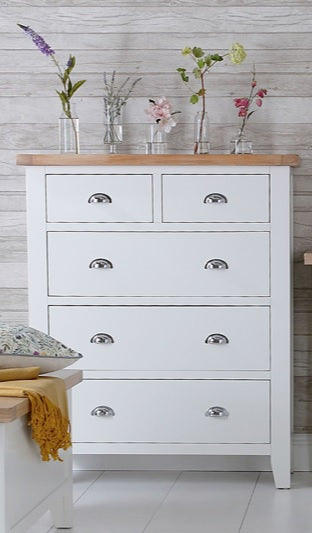 SPENCER (TT-J2O3-W) JUMBO 5 DRAWER SPLIT TOP TALLBOY - 1200(H) x 1000(W) - BRIGHT WHITE  / LIGHT OAK (2 TONE)