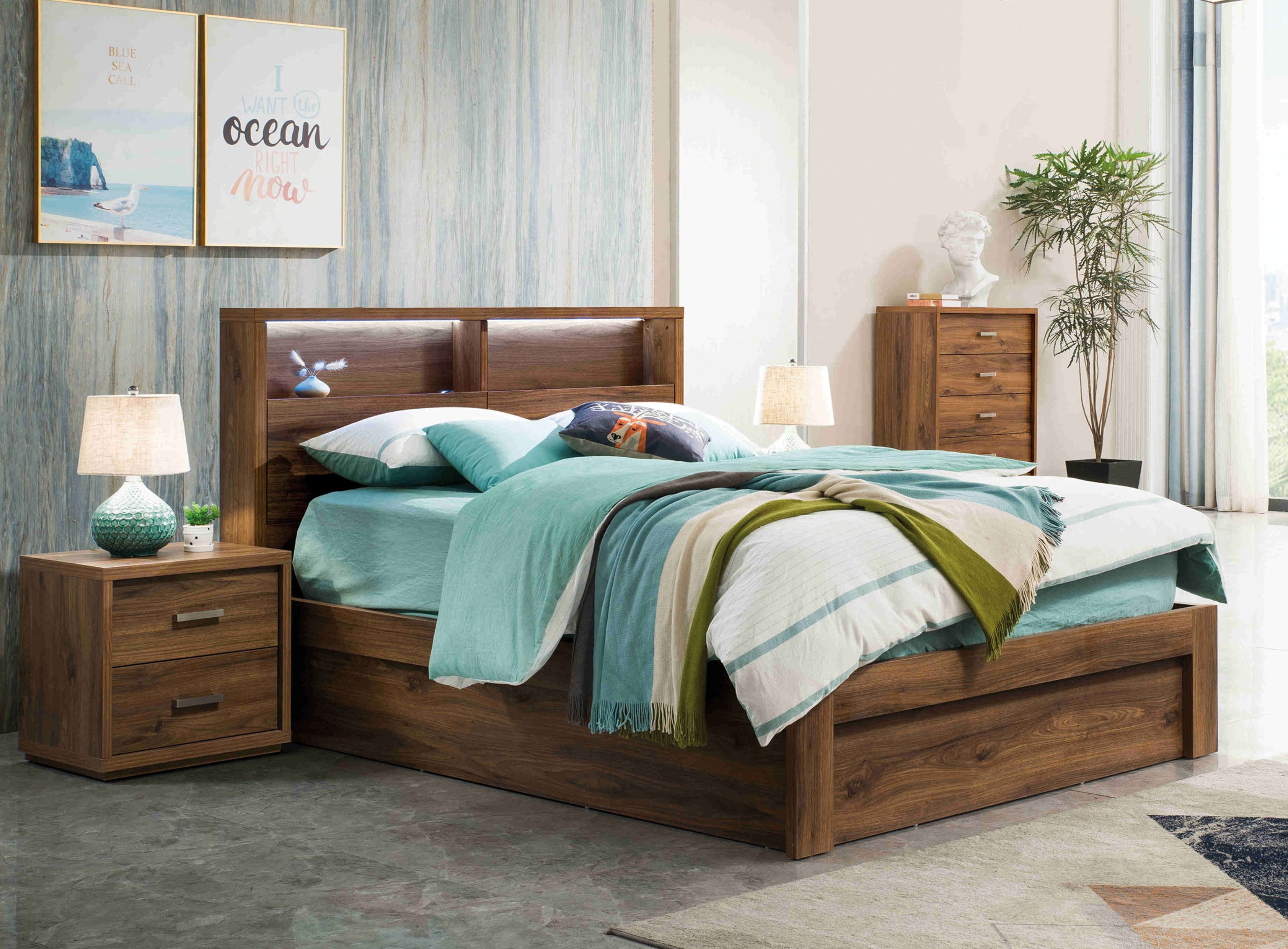 KING CHANIA (LS-211Q) BOOKEND BED WITH 3 DRAWER OR SIDE GAS LIFT OR FRONT GAS LIFT - RUSTIC WALNUT