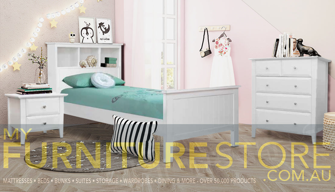 ENDLESS (AUSSIE MADE) SINGLE OR KING SINGLE 3 PIECE BEDROOM SUITE WITH JESSICA CASE GOODS - ASSORTED STAINED COLOURS