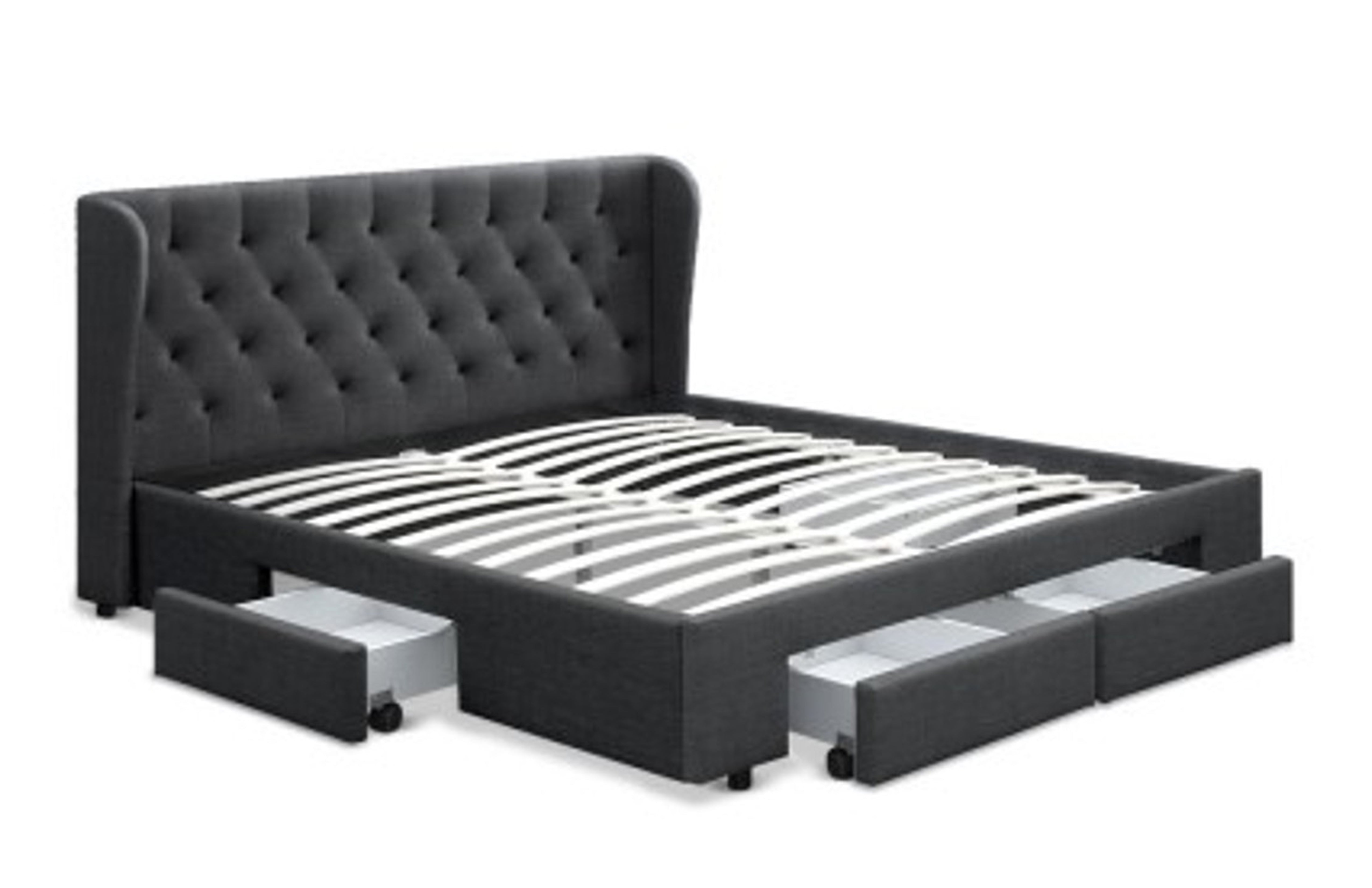 KING MILA FABRIC BED FRAME WITH 4 STORAGE DRAWERS -  CHARCOAL