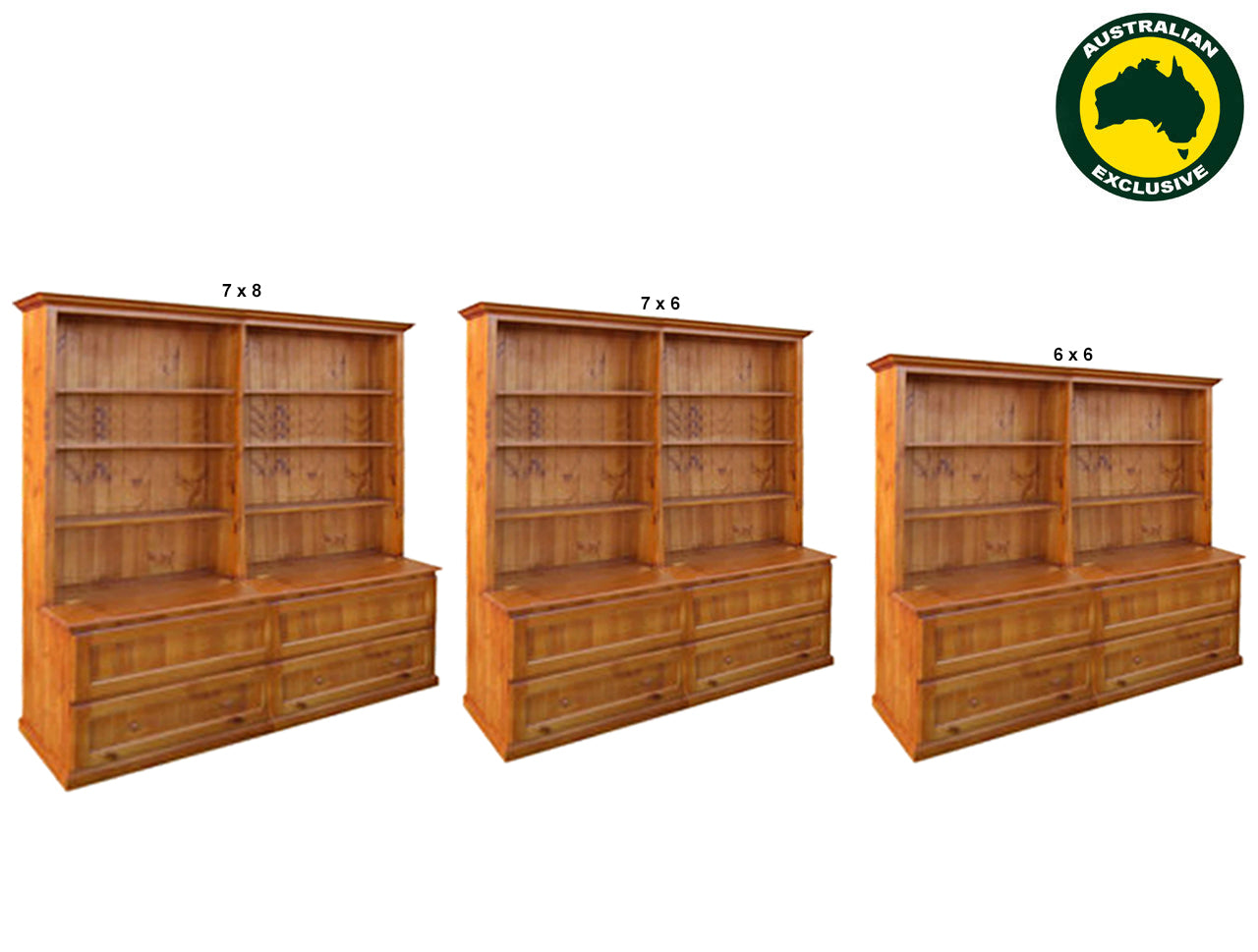MUDGEE (AUSSIE MADE) BOOKCASE COMBO + BLANKET DRAWERS COLLECTION - ASSORTED STAINED COLOURS - STARTING FROM $1699
