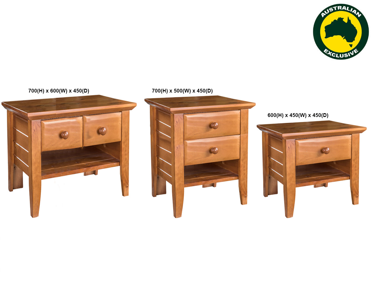 MANILLA (AUSSIE MADE) BEDSIDE WITH 1 SHELF COLLECTION - ASSORTED STAINED COLOURS - STARTING FROM $399