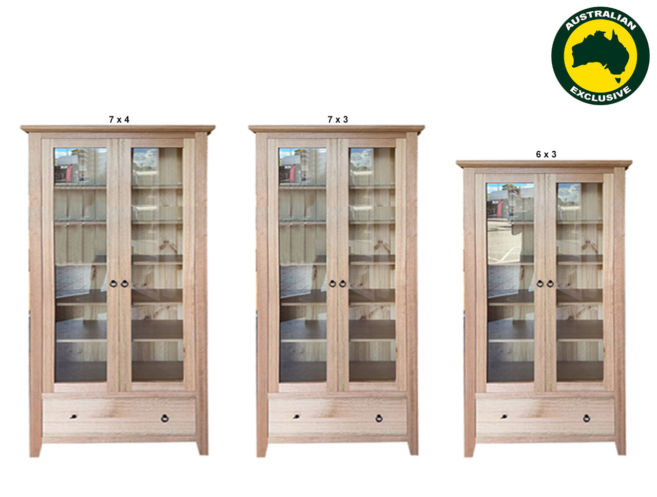 MANILLA (AUSSIE MADE) 2 GLASS DOOR / 1 BLANKET DRAWER LIBRARY UNIT COLLECTION - TASSIE OAK COMBINATION - ASSORTED STAINED COLOURS - STARTING FROM $1699