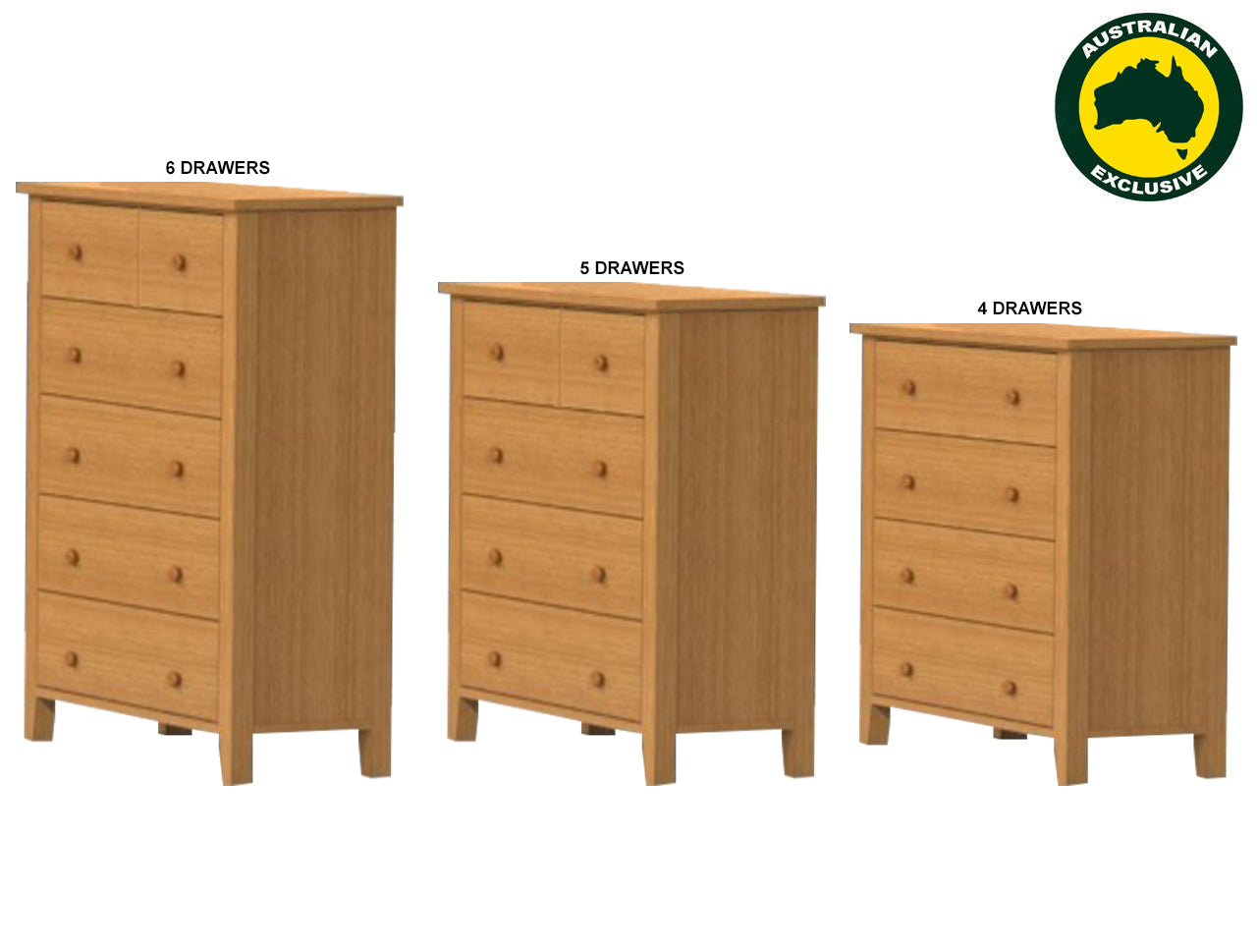 MANILLA (AUSSIE MADE) TALLBOY WITH FLUSH INTENAL DRAWERS COLLECTION - TASSIE OAK COMBINATION - ASSORTED STAINED COLOURS - STARTING FROM $1399