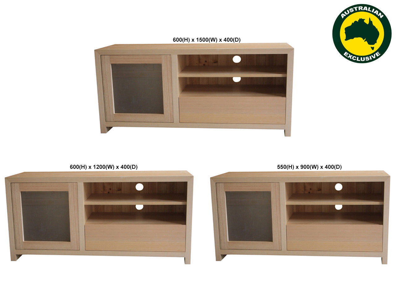 MORGAN (AUSSIE MADE) 1 DOOR / 1 DRAWER ENTERTAINMENT TV UNIT COLLECTION - TASSIE OAK COMBINATION - ASSORTED STAINED COLOURS - STARTING FROM $799
