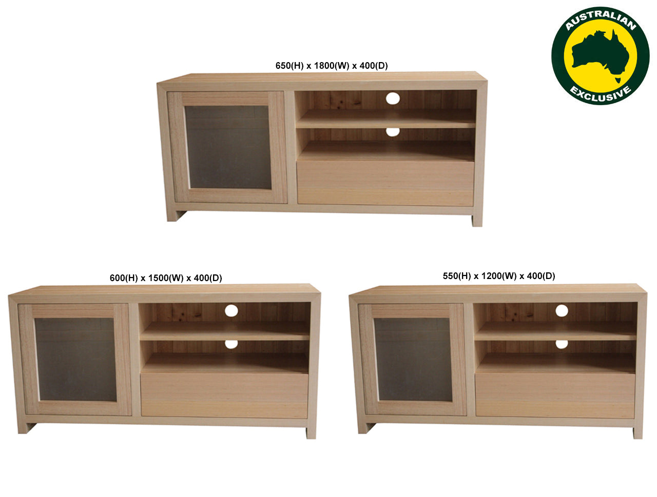 MORGAN (AUSSIE MADE) 1 DOOR / 1 DRAWER ENTERTAINMENT TV UNIT COLLECTION - TASSIE OAK COMBINATION - ASSORTED STAINED COLOURS - STARTING FROM $1799