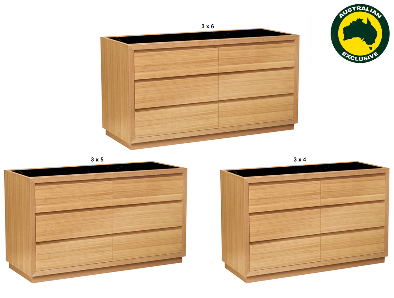 MORGAN (AUSSIE MADE) 6 DRAWER (3+3) LOWBOY WITH MARBLE TOP INSERT COLLECTION - TASSIE OAK COMBINATION - ASSORTED STAINED / MARBLE / GLASS COLOURS - STARTING FROM $1699