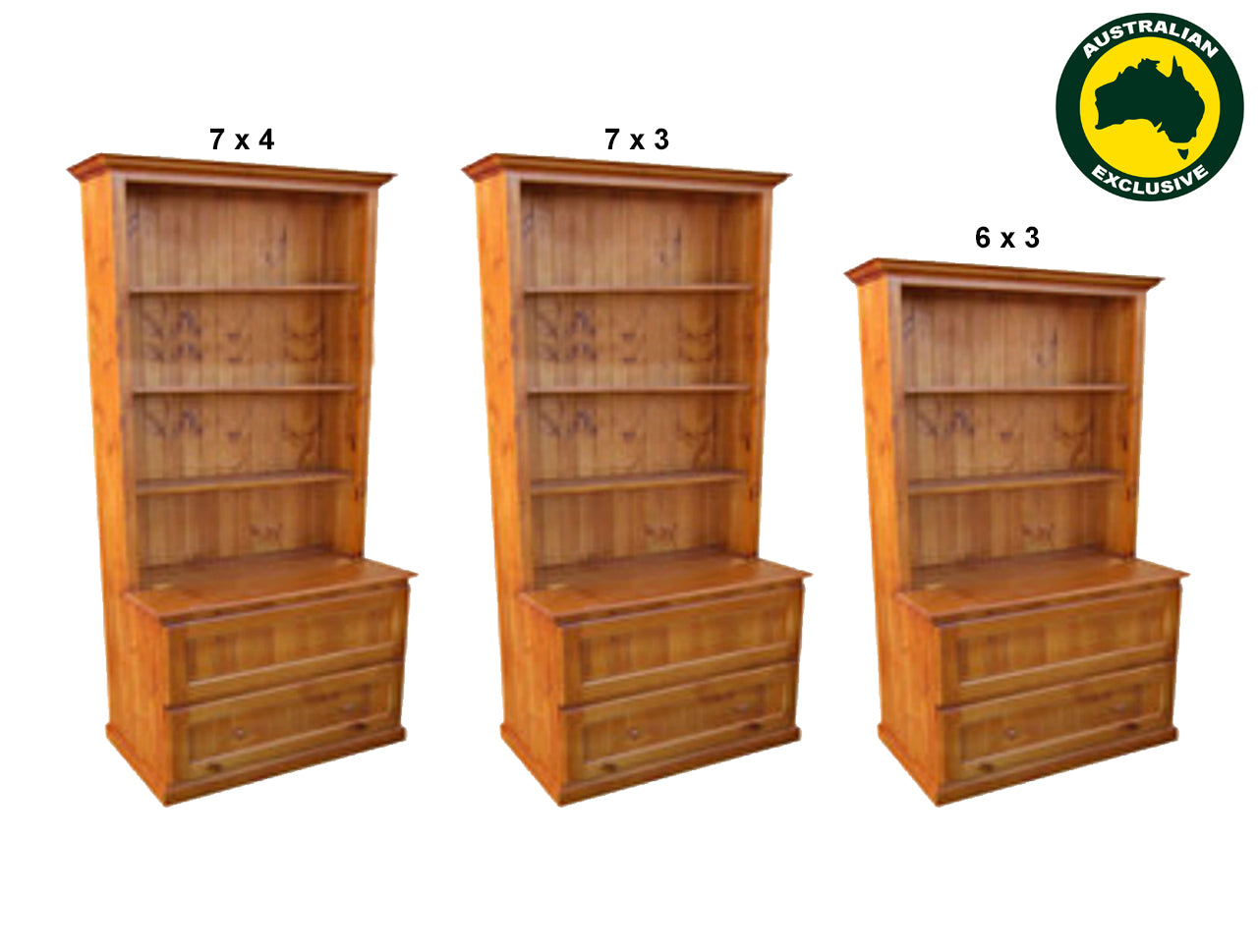 MUDGEE (AUSSIE MADE) BOOKCASE COMBO + DRAWER & LID COLLECTION - ASSORTED STAINED COLOURS - STARTING FROM $899