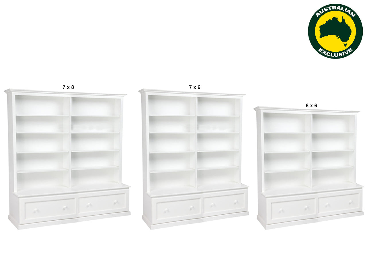 MUDGEE (AUSSIE MADE) BOOKCASE COMBO + 2 DRAWER COLLECTION - (3 SECTIONS)- ASSORTED PAINTED COLOURS - STARTING FROM $1999