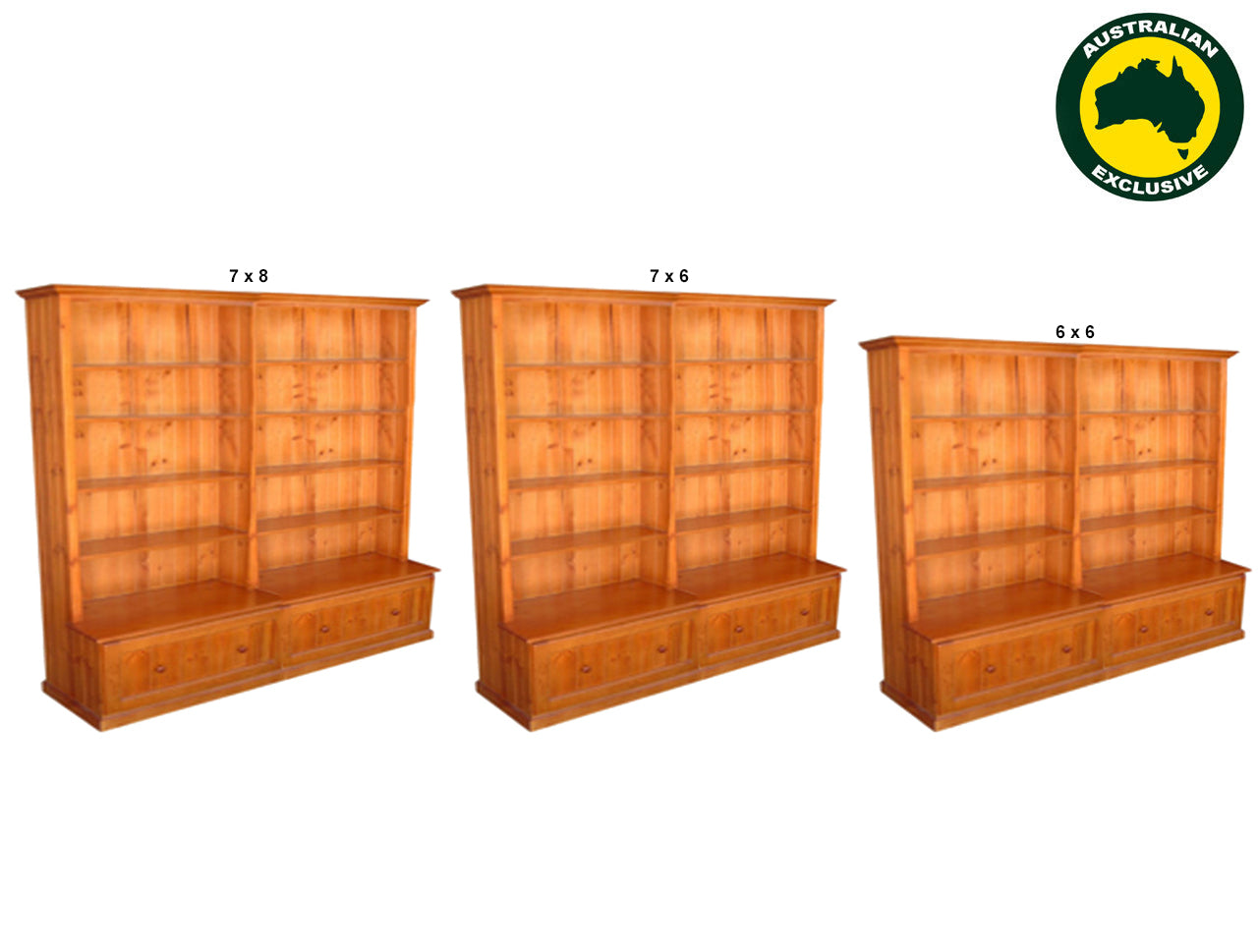 MUDGEE (AUSSIE MADE) BOOKCASE COMBO WITH 2 PULL OUT DRAWER COLLECTION - (3 SECTIONS) - ASSORTED STAINED COLOURS - STARTING FROM $1599