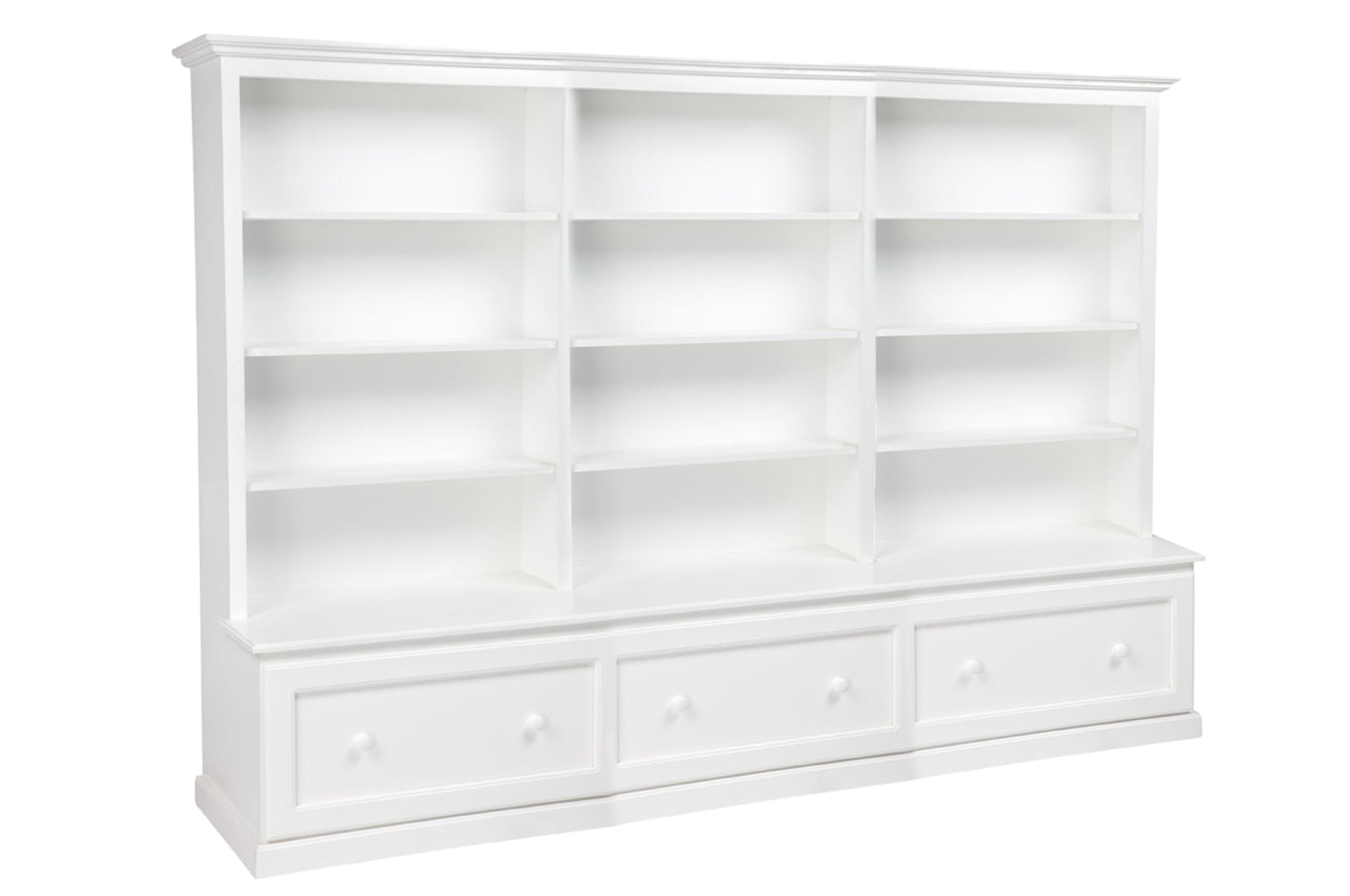 MUDGEE (AUSSIE MADE) BOOKCASE COMBO + 3 DRAWER - 1800(H) X 2700(W) - (3 SECTIONS) PIGEON PAIRED - ASSORTED STAINED COLOURS (PAINTED EXTRA)